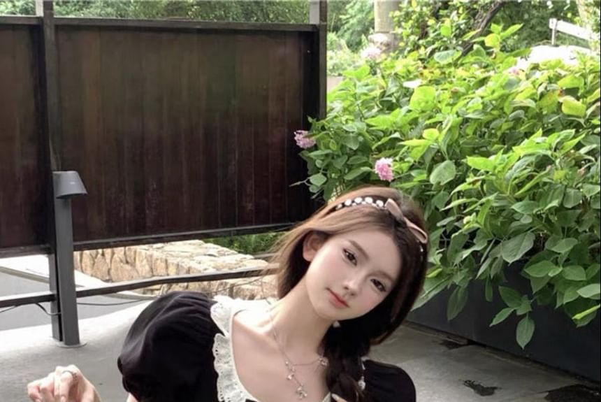 A-Line Ruffle Puff Sleeve Bow Dress Round Mini Neck