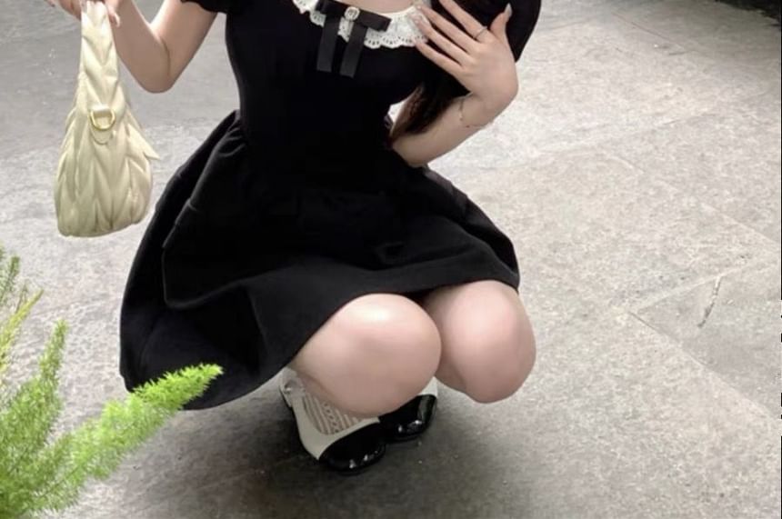 A-Line Ruffle Puff Sleeve Bow Dress Round Mini Neck