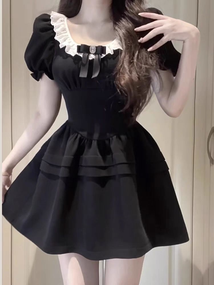 A-Line Ruffle Puff Sleeve Bow Dress Round Mini Neck