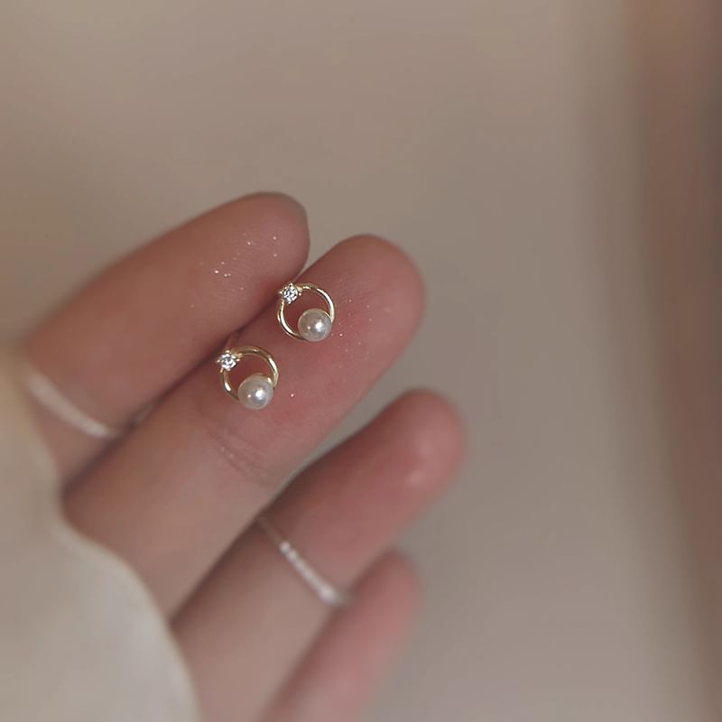 Pearl Faux Earring Stud Rhinestone Alloy