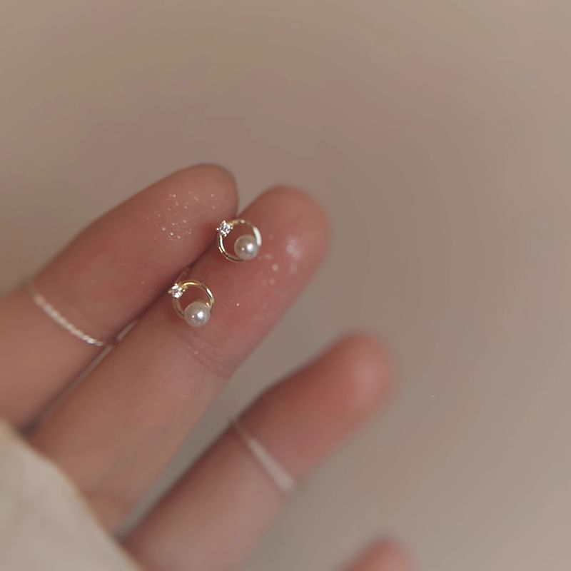 Pearl Faux Earring Stud Rhinestone Alloy