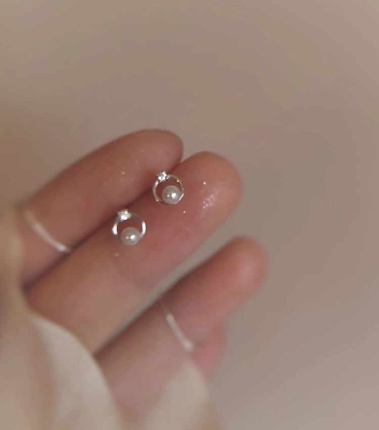 Pearl Faux Earring Stud Rhinestone Alloy