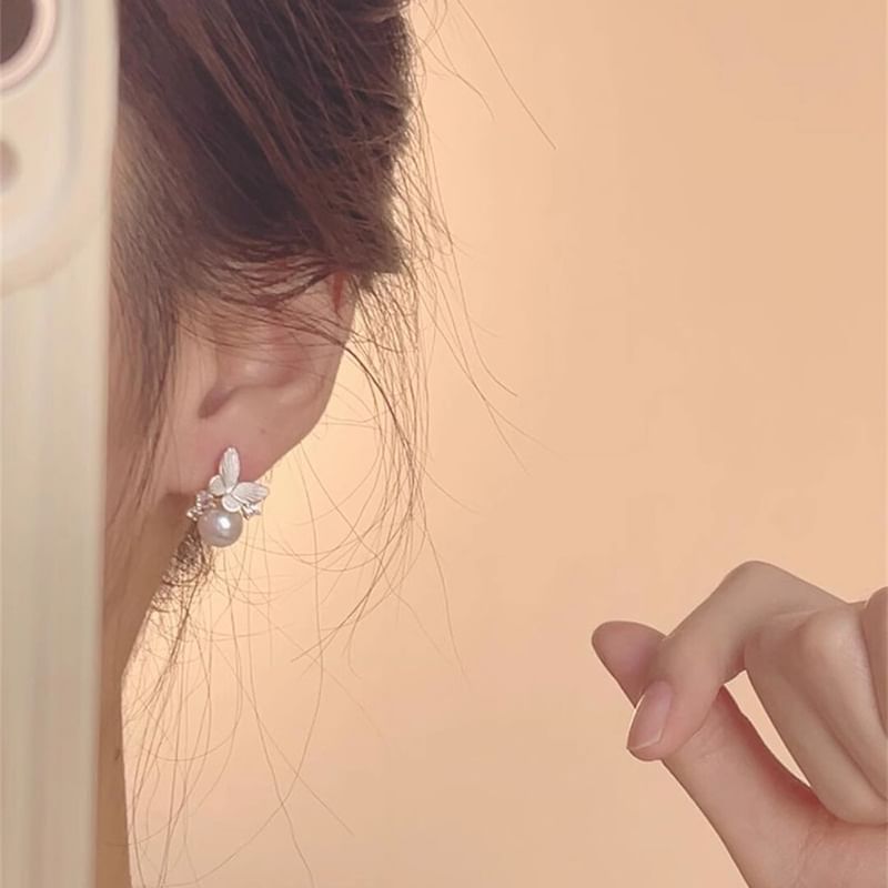 Pearl Drop Faux Earring Alloy Butterfly