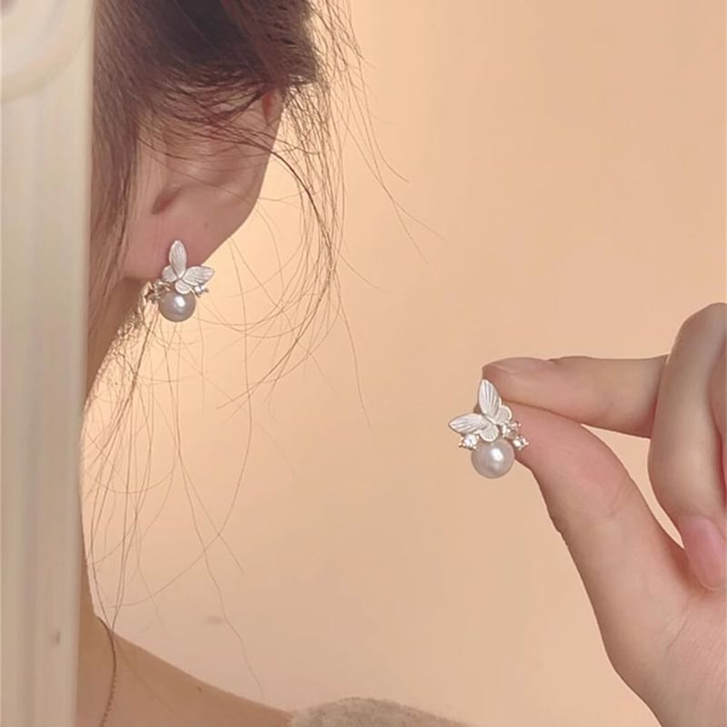 Pearl Drop Faux Earring Alloy Butterfly