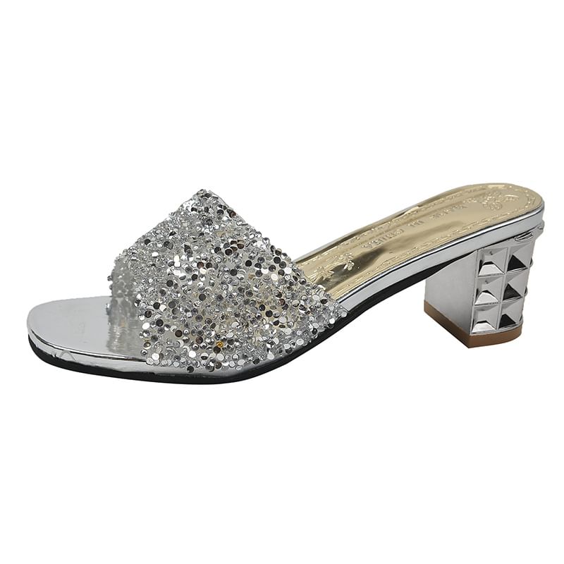 Rhinestone Chunky Slide Heel Sandals