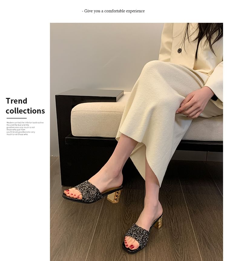 Rhinestone Chunky Slide Heel Sandals