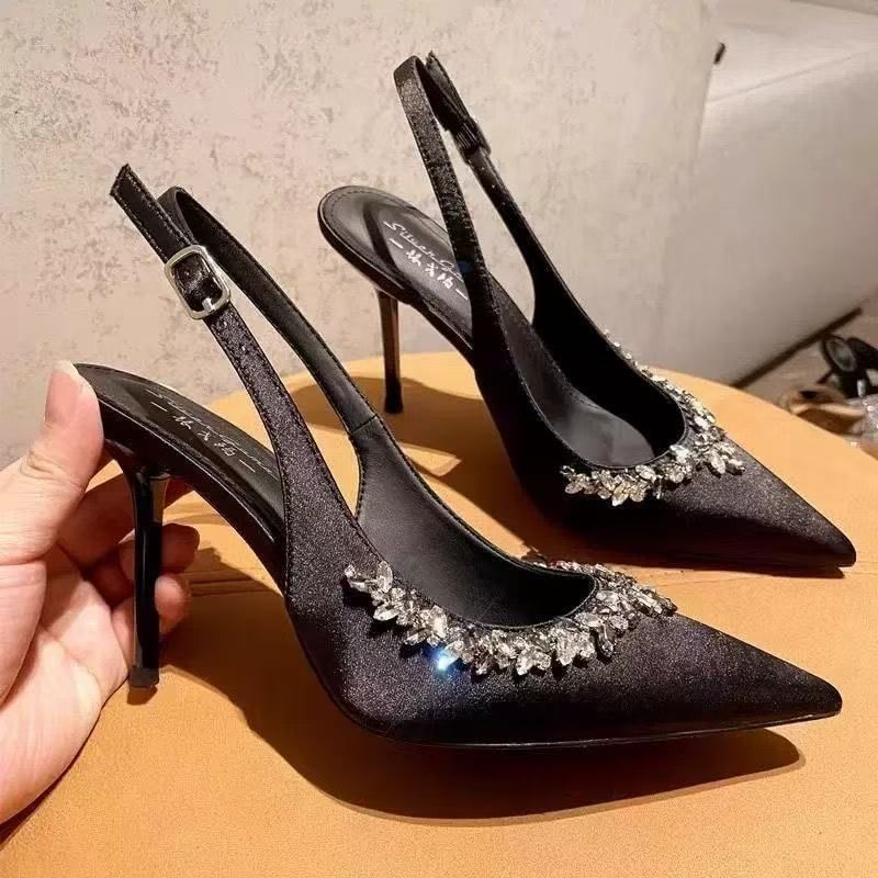 Rhinestone Toe Sandals Stiletto Heel Pointed Slingback