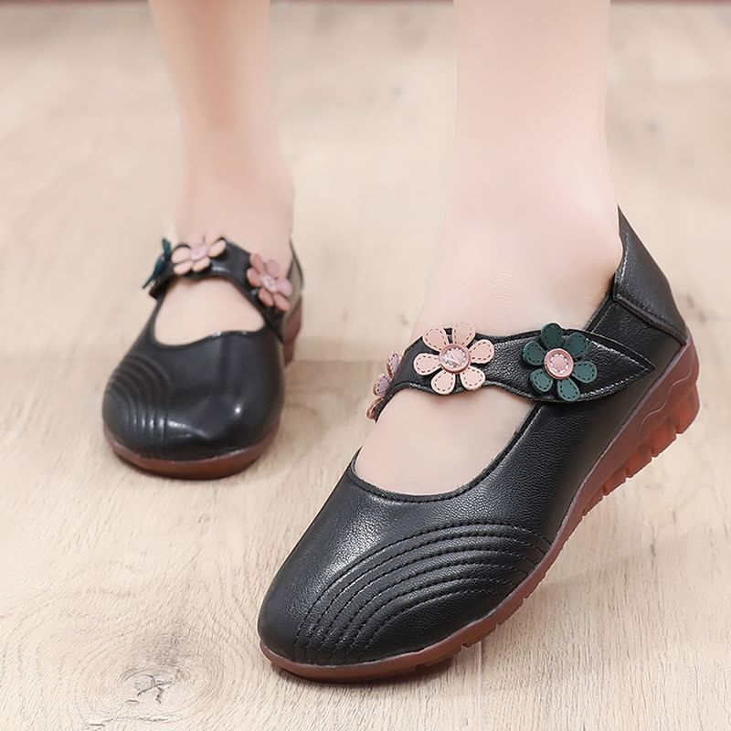 Detail Leather Faux Mary Flower Jane Shoes