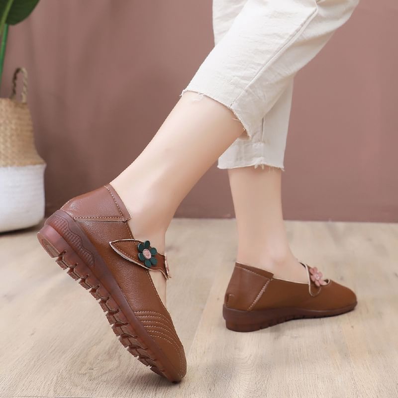 Detail Leather Faux Mary Flower Jane Shoes
