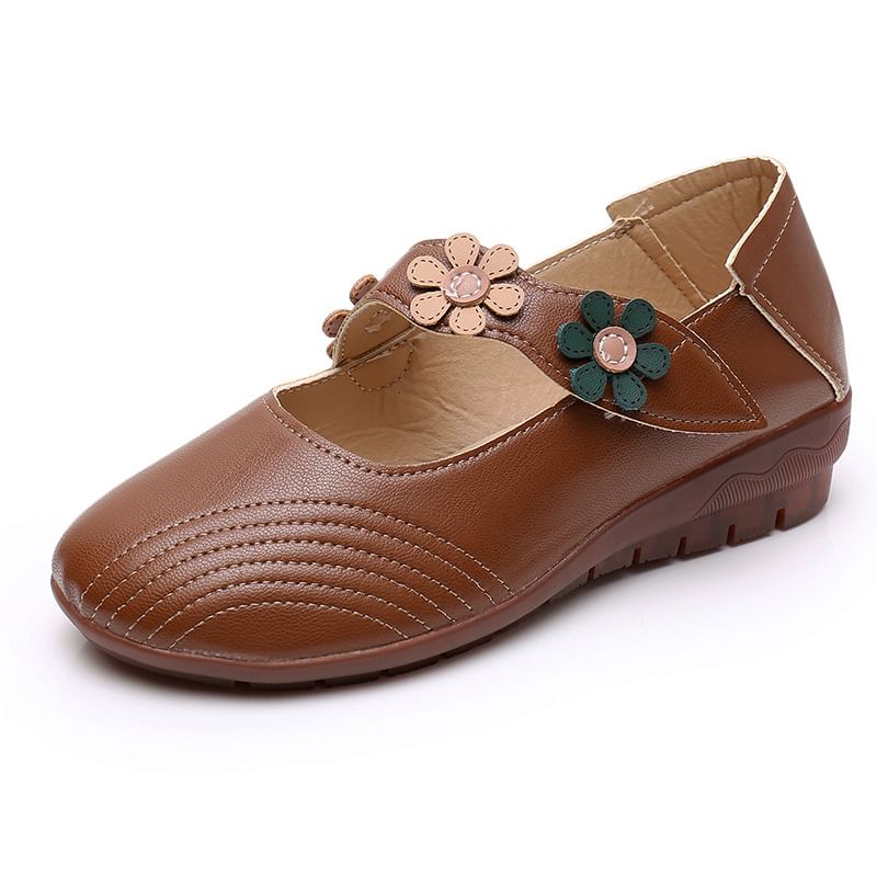 Detail Leather Faux Mary Flower Jane Shoes