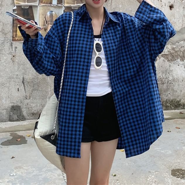 Plaid Long-Sleeve Collared Up Shirt Button