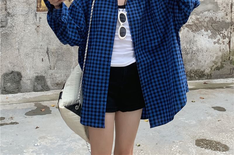 Plaid Long-Sleeve Collared Up Shirt Button