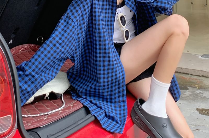 Plaid Long-Sleeve Collared Up Shirt Button