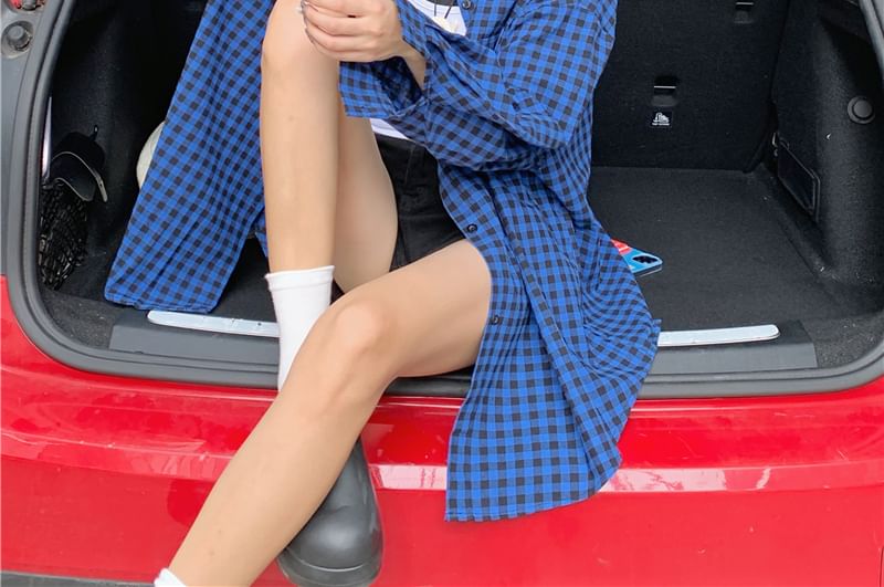 Plaid Long-Sleeve Collared Up Shirt Button