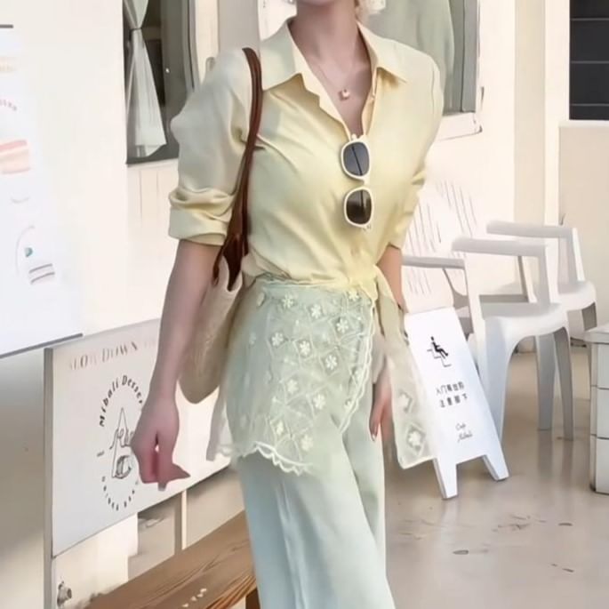 Plain Panel Shirt Sleeve Long Lace Collared Trim