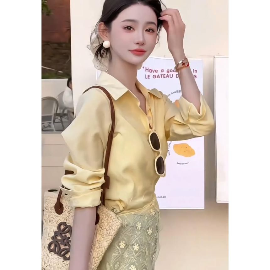 Plain Panel Shirt Sleeve Long Lace Collared Trim