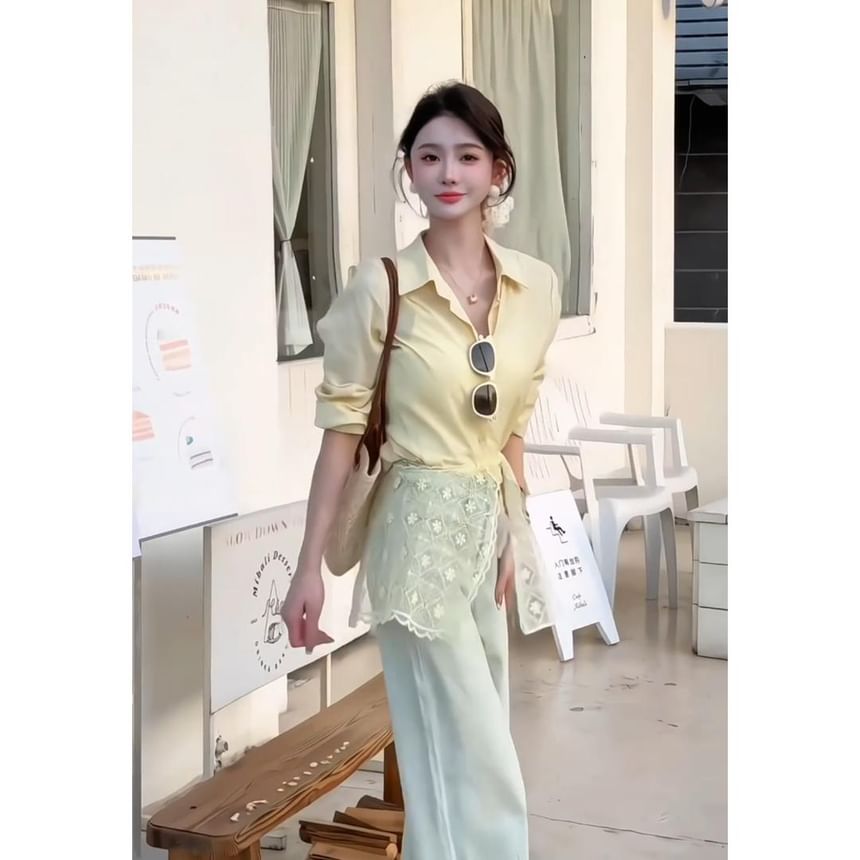 Plain Panel Shirt Sleeve Long Lace Collared Trim