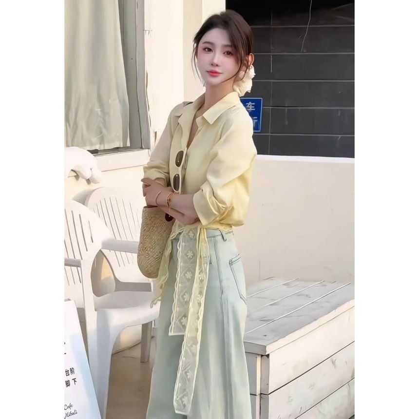 Plain Panel Shirt Sleeve Long Lace Collared Trim