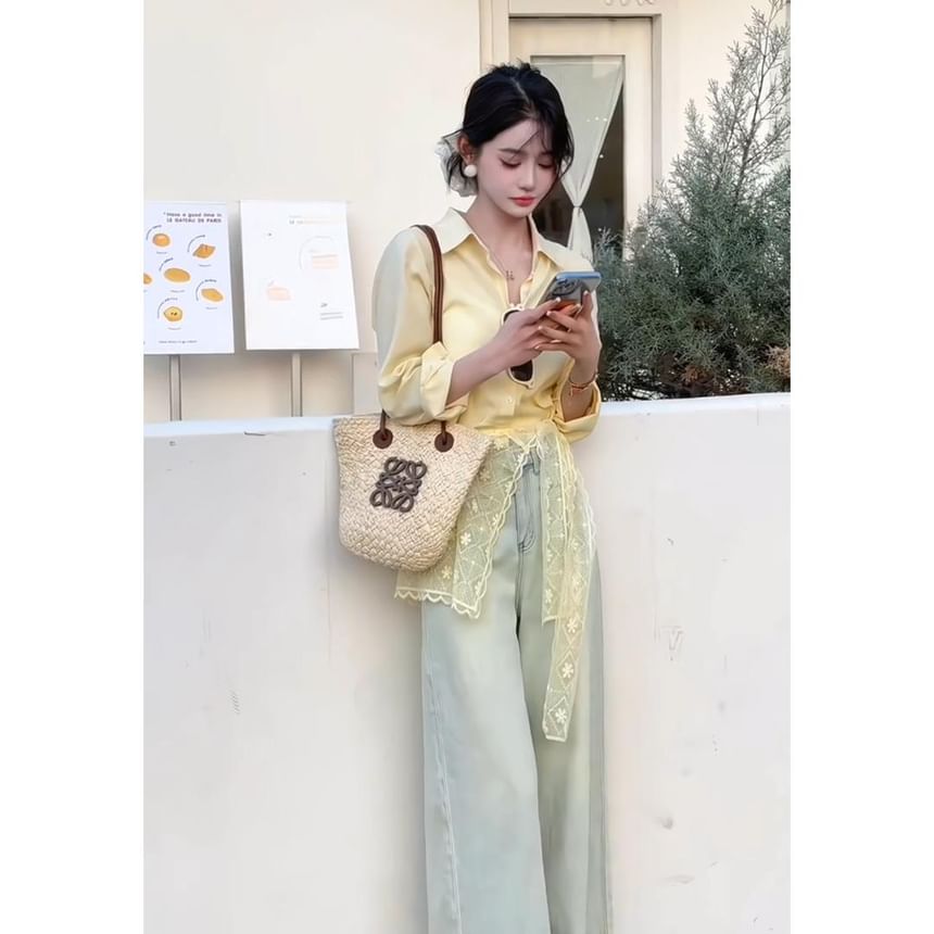 Plain Panel Shirt Sleeve Long Lace Collared Trim