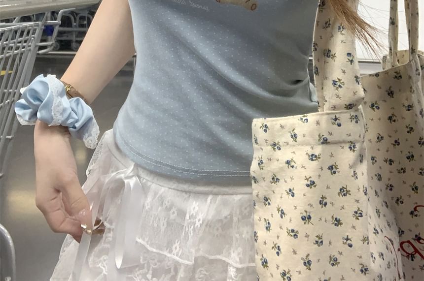 Tee Bear Fit Lace Crop Neck Slim Scoop Short-Sleeve Trim Print