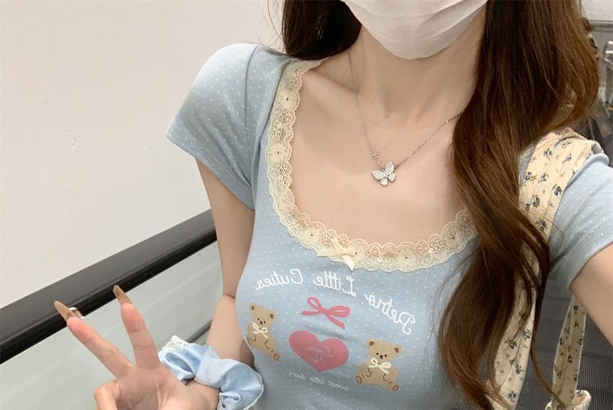 Tee Bear Fit Lace Crop Neck Slim Scoop Short-Sleeve Trim Print