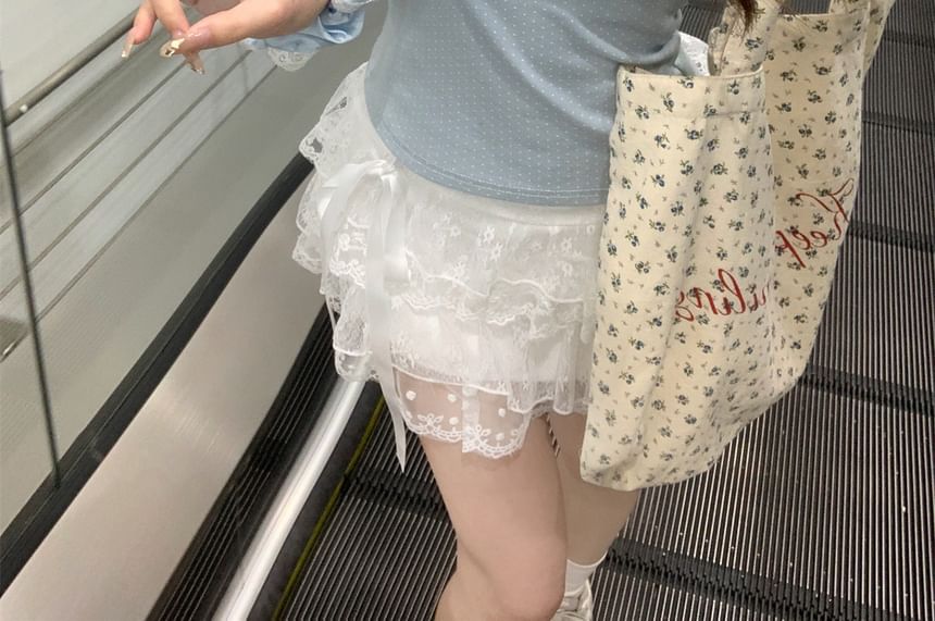 Tee Bear Fit Lace Crop Neck Slim Scoop Short-Sleeve Trim Print