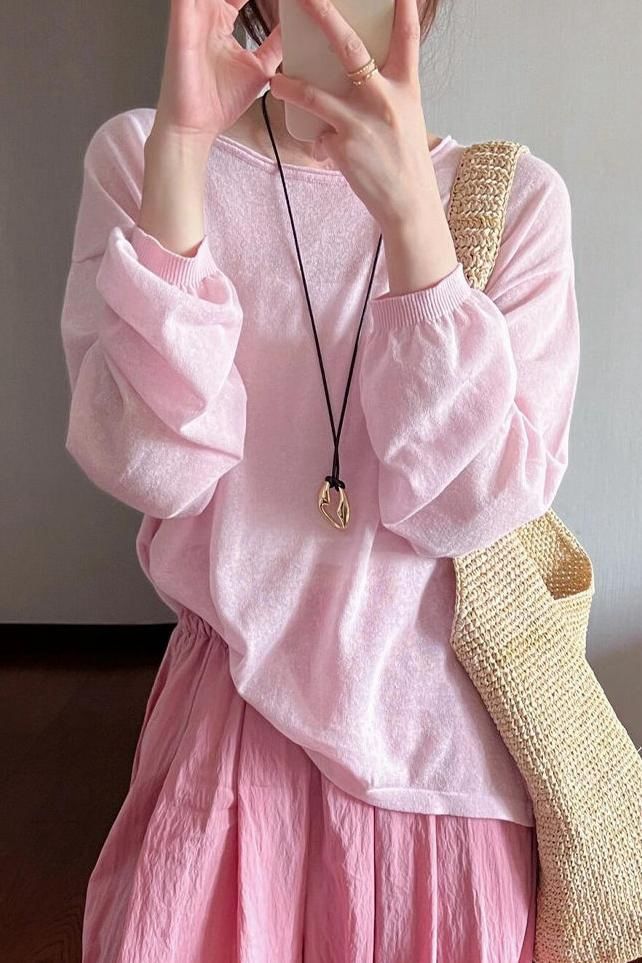 Plain Round Long-Sleeve Top Neck