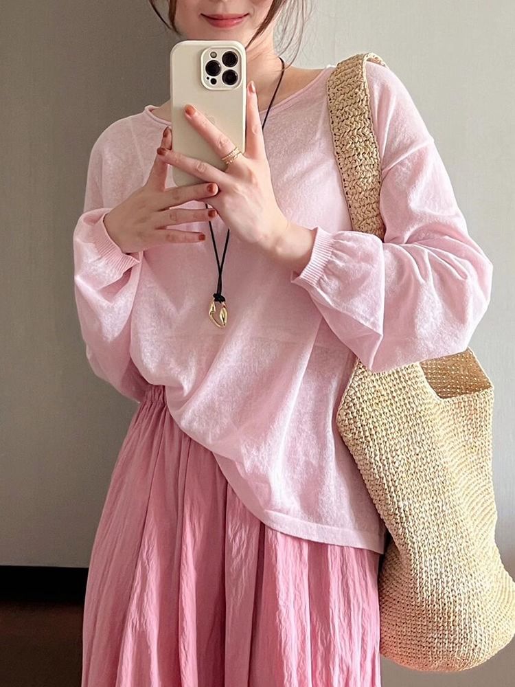 Plain Round Long-Sleeve Top Neck