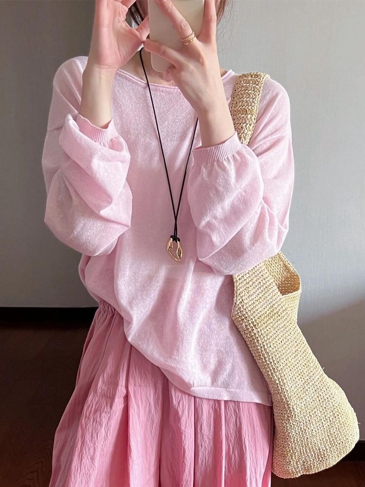 Plain Round Long-Sleeve Top Neck