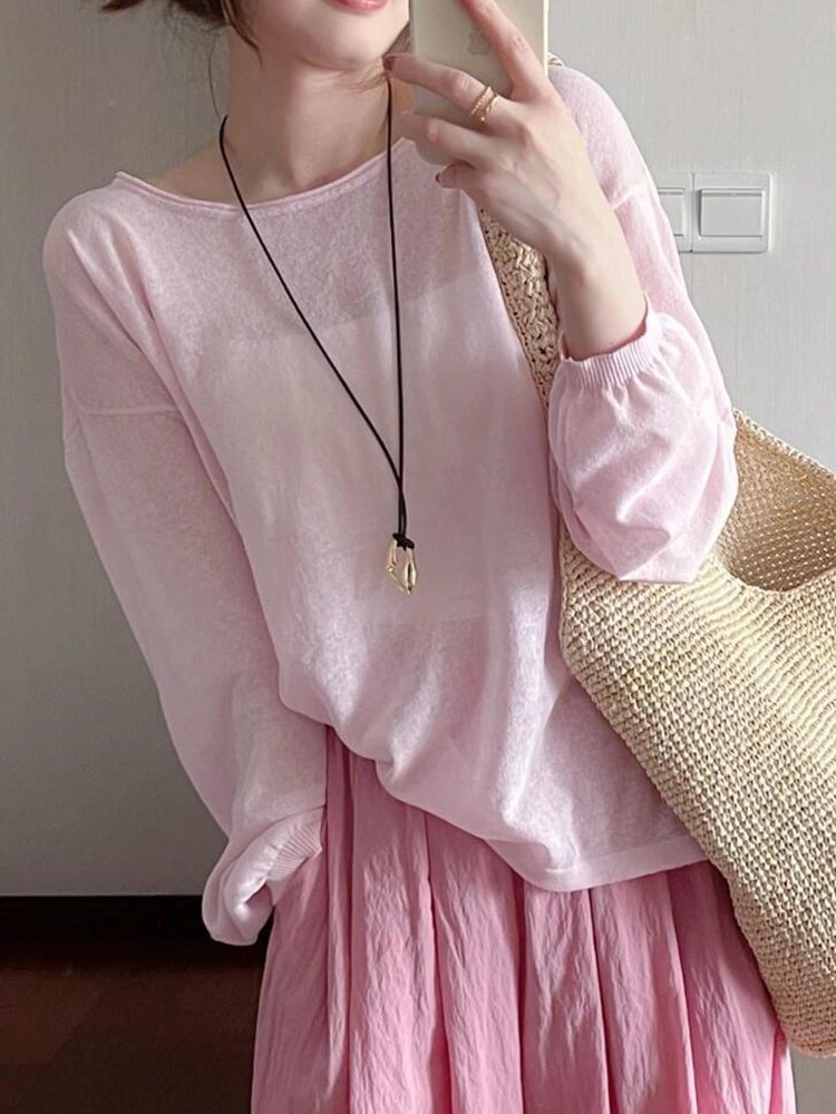 Plain Round Long-Sleeve Top Neck