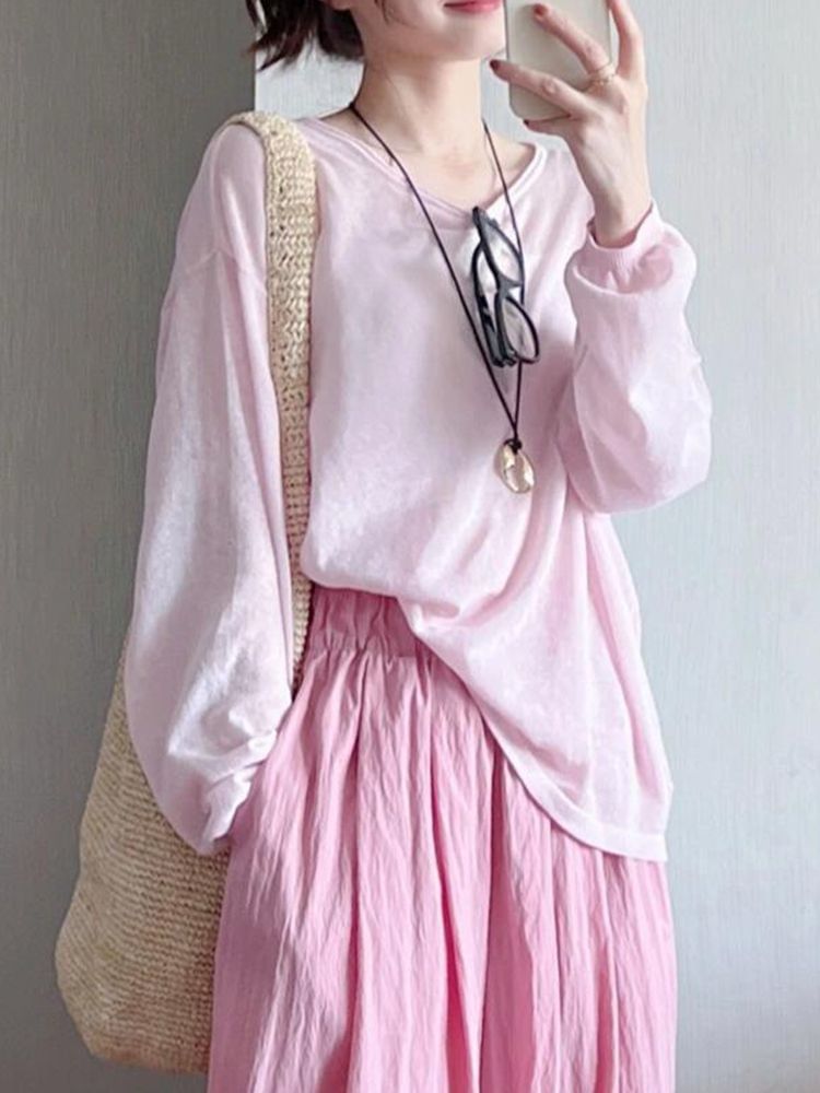 Plain Round Long-Sleeve Top Neck