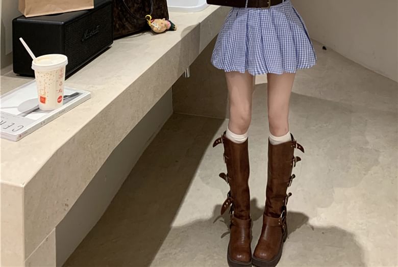 Dress Pocket Henley Hem Front Mini Long-Sleeve Plaid Pleated Shirt