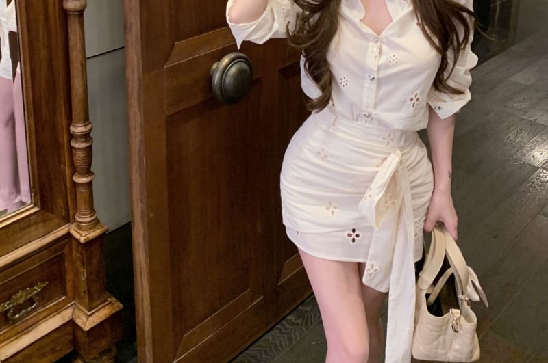 Pencil Mini High Long-Sleeve Rise Flower / Ruched Bow Shirt Skirt Embroidered