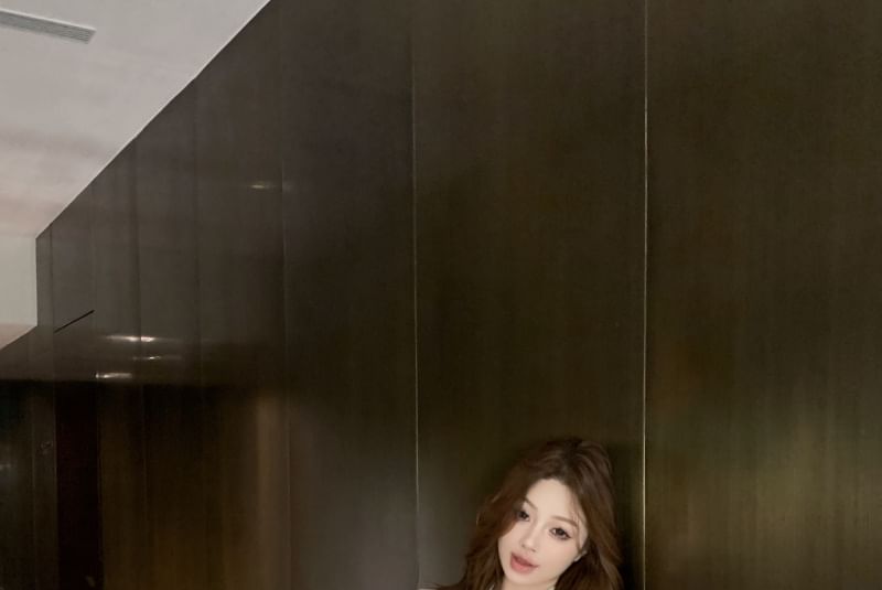 Pencil Mini High Long-Sleeve Rise Flower / Ruched Bow Shirt Skirt Embroidered