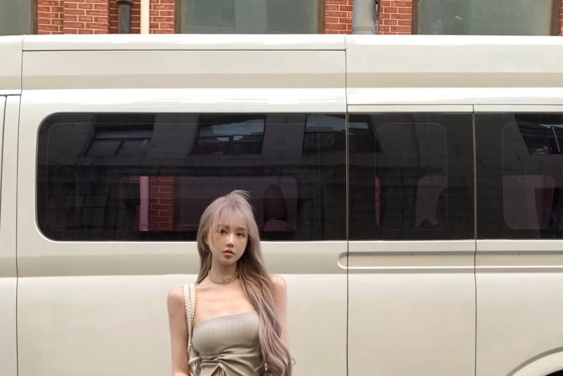 Flared Asymmetrical Pants Top High / Plain Waist Strapless Side-Slit Drawstring