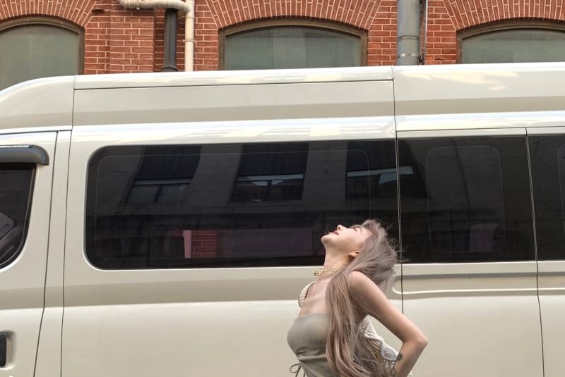 Flared Asymmetrical Pants Top High / Plain Waist Strapless Side-Slit Drawstring