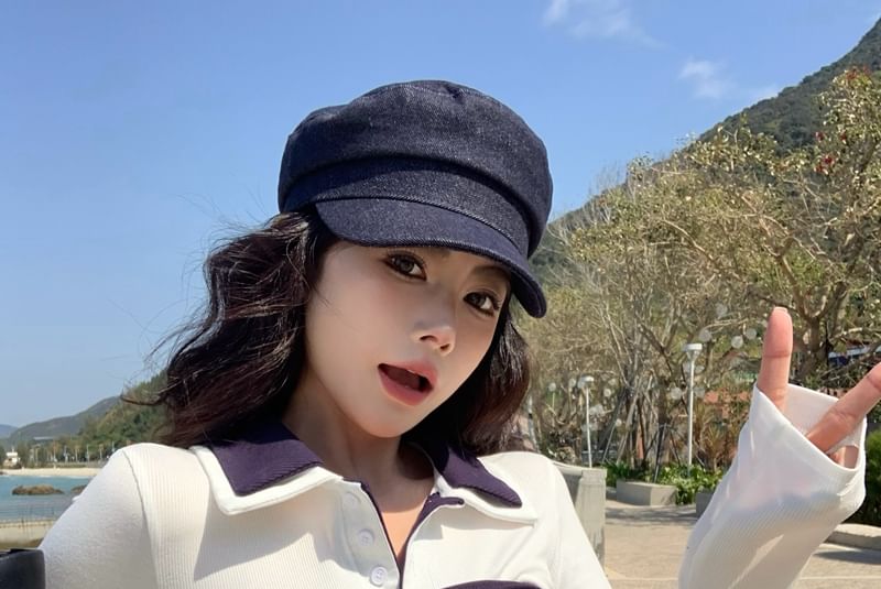 Tee Long-Sleeve Plain Collar Contrast High / Tube Pencil Mini Tie-Front Skirt Waist Top Trim