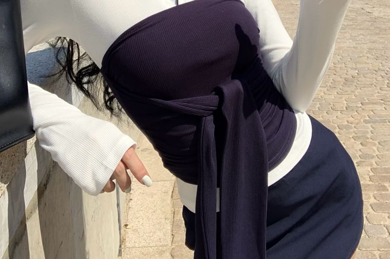 Tee Long-Sleeve Plain Collar Contrast High / Tube Pencil Mini Tie-Front Skirt Waist Top Trim