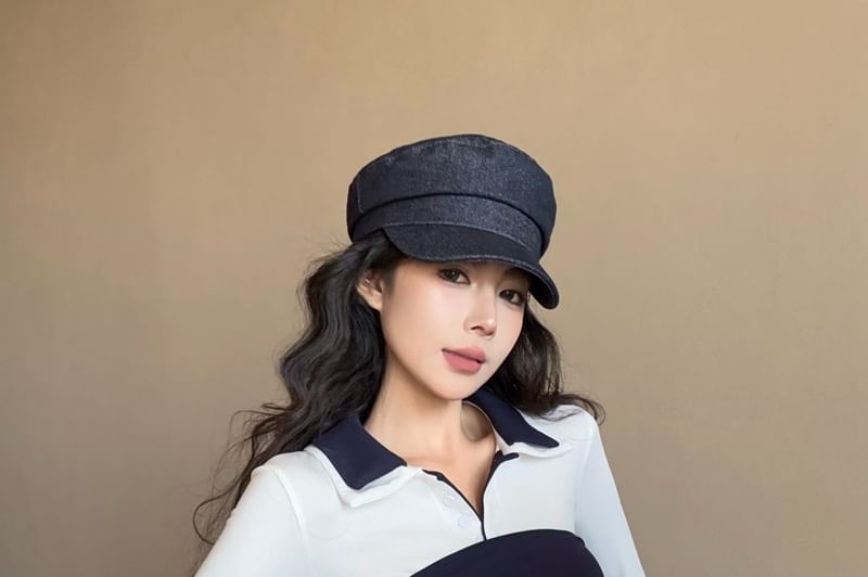 Tee Long-Sleeve Plain Collar Contrast High / Tube Pencil Mini Tie-Front Skirt Waist Top Trim