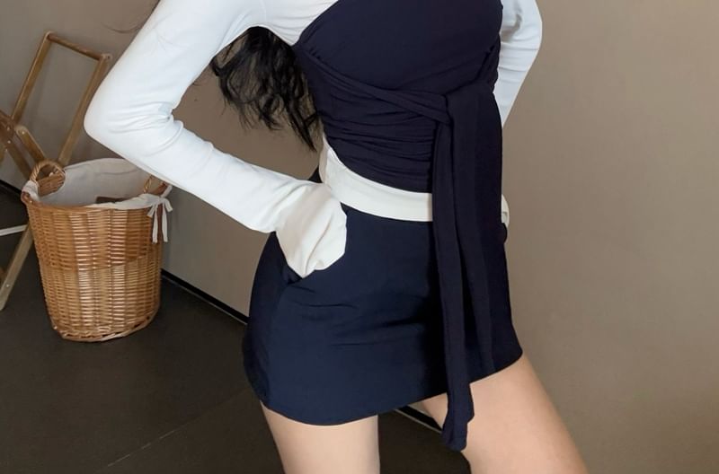 Tee Long-Sleeve Plain Collar Contrast High / Tube Pencil Mini Tie-Front Skirt Waist Top Trim