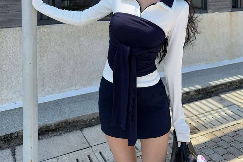 Tee Long-Sleeve Plain Collar Contrast High / Tube Pencil Mini Tie-Front Skirt Waist Top Trim