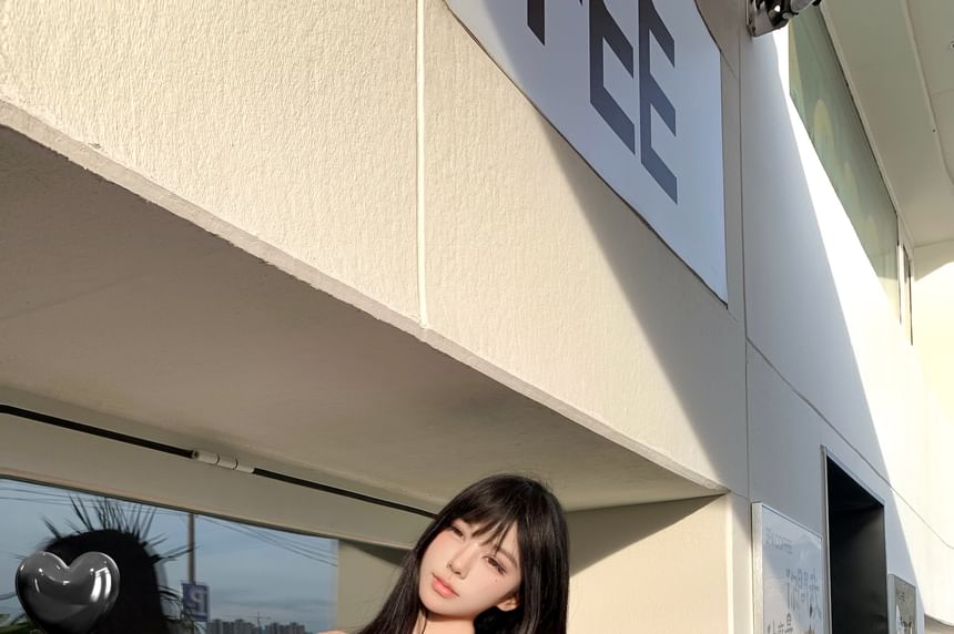 / Tube Bow Plaid Mini High Rise A-Line Ruched Skirt Top Sheer