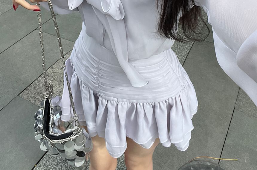 Puff-Sleeve A-Line Rise Blouse Tie-Neck Set Plain Cami / High Skirt Top Mini