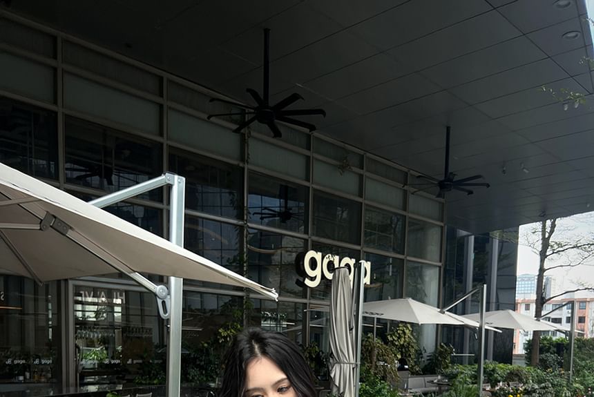 Puff-Sleeve A-Line Rise Blouse Tie-Neck Set Plain Cami / High Skirt Top Mini