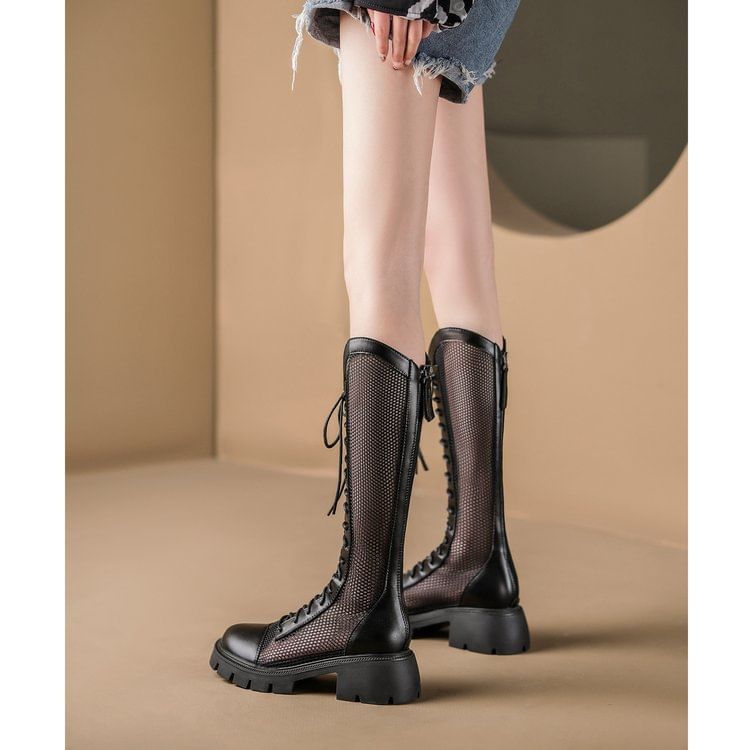 Lace-Up Mesh Boots Panel Platform Tall