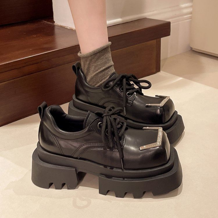 Leather Metal Platform Faux Accent Lace-Up Toe Square Shoes