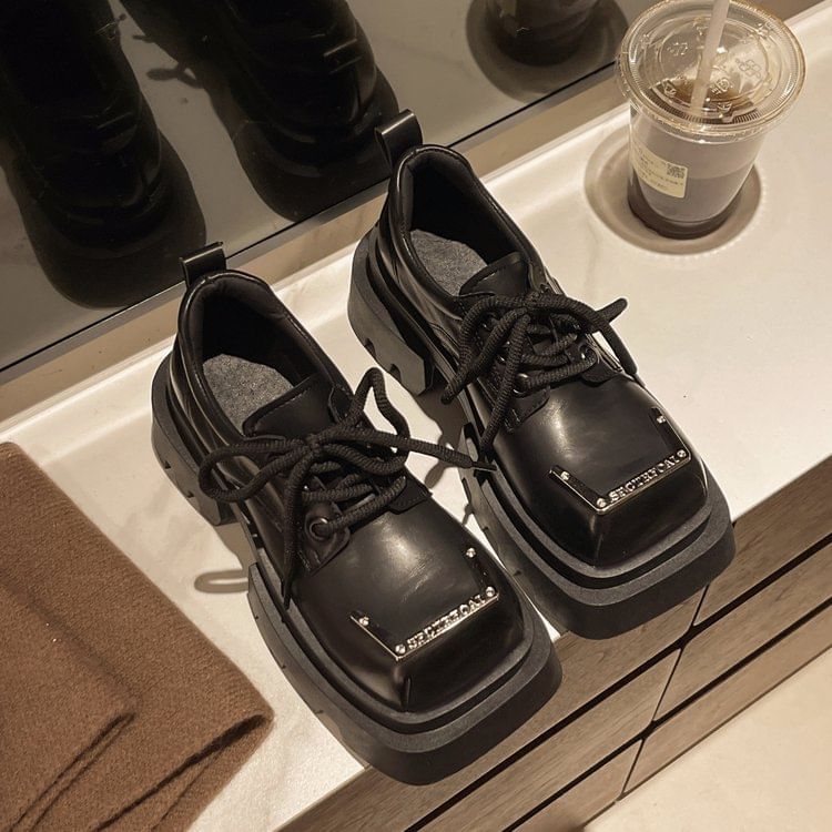 Leather Metal Platform Faux Accent Lace-Up Toe Square Shoes