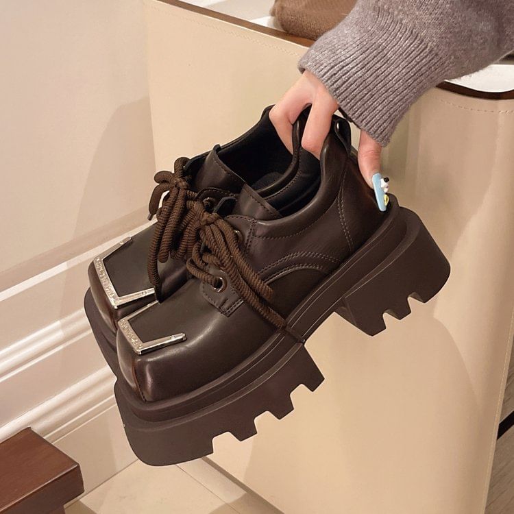 Leather Metal Platform Faux Accent Lace-Up Toe Square Shoes