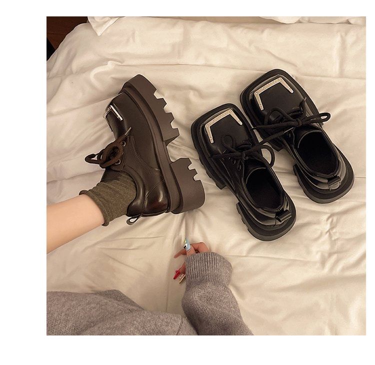 Leather Metal Platform Faux Accent Lace-Up Toe Square Shoes