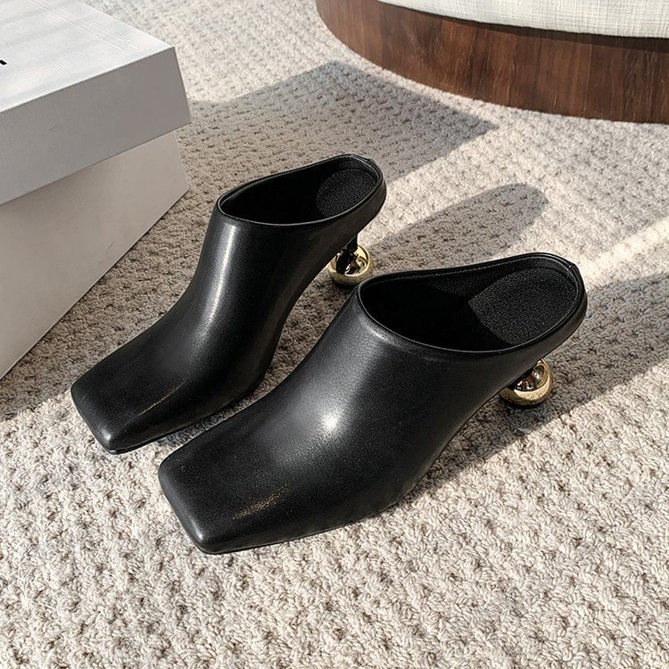 Leather High Heel Mules Square Plain Faux Toe